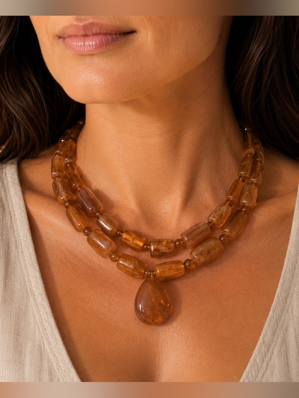 Honey Amber Double-Strand Bead Necklace with Teardrop Pendant